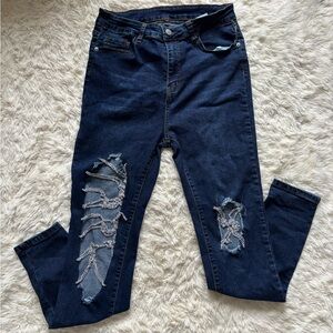 SHEIN Dark Blue Distressed Skinny Jeans With Chains